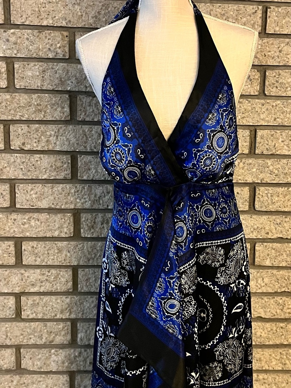 L.N. Studio Halter Dress Size 12 Blue Black Paisley Bandana Handkerchief NWT USA